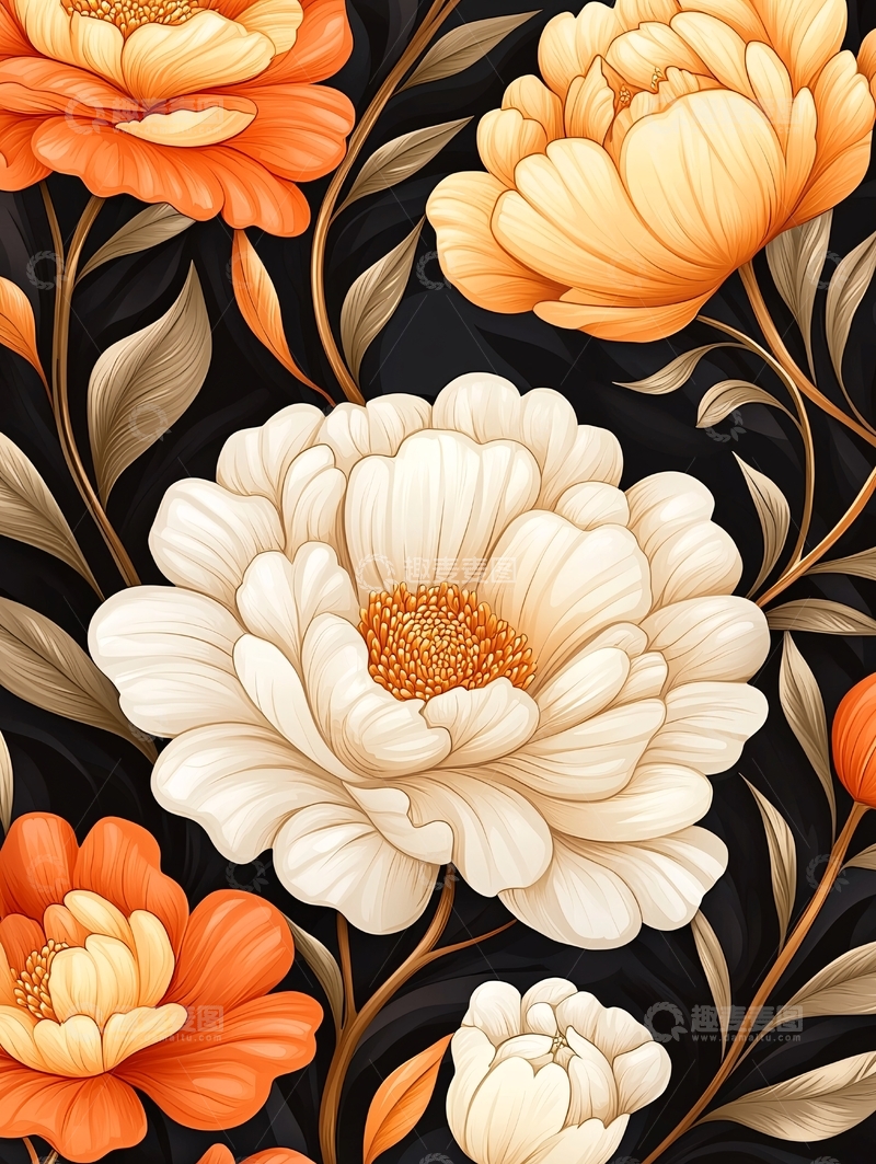 高清大图下载【趣麦麦图】橙白花卉图案背景素材