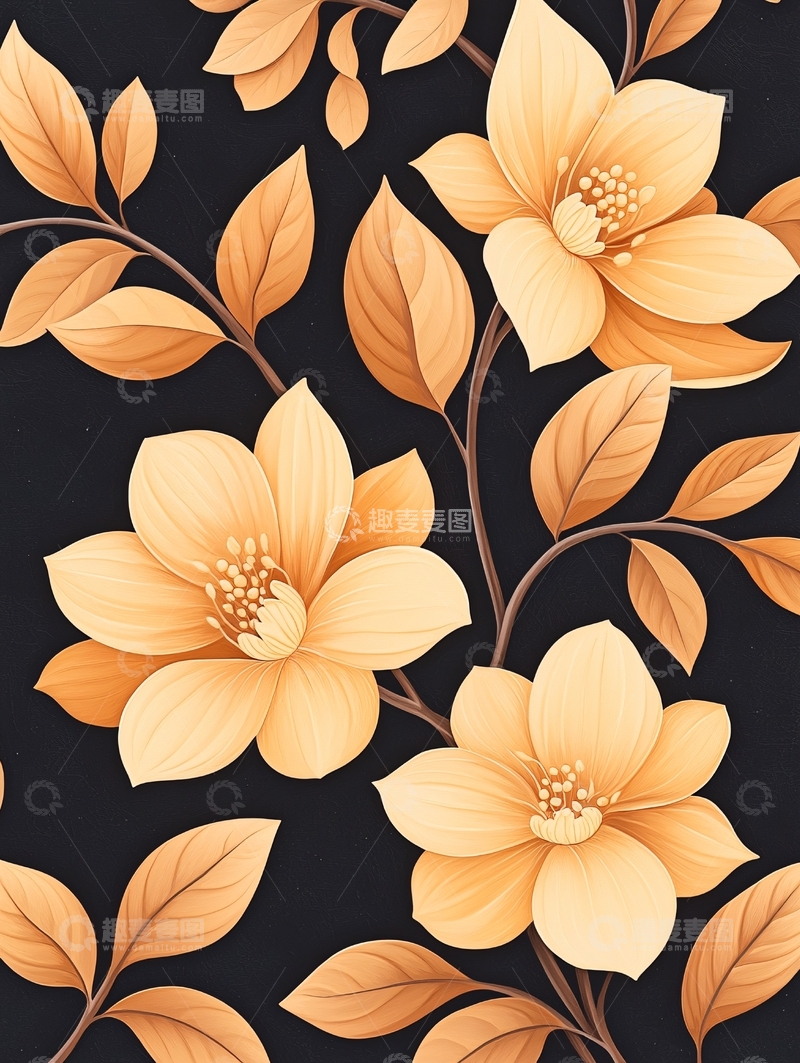 高清大图下载【趣麦麦图】橙色花朵与叶子背景图案