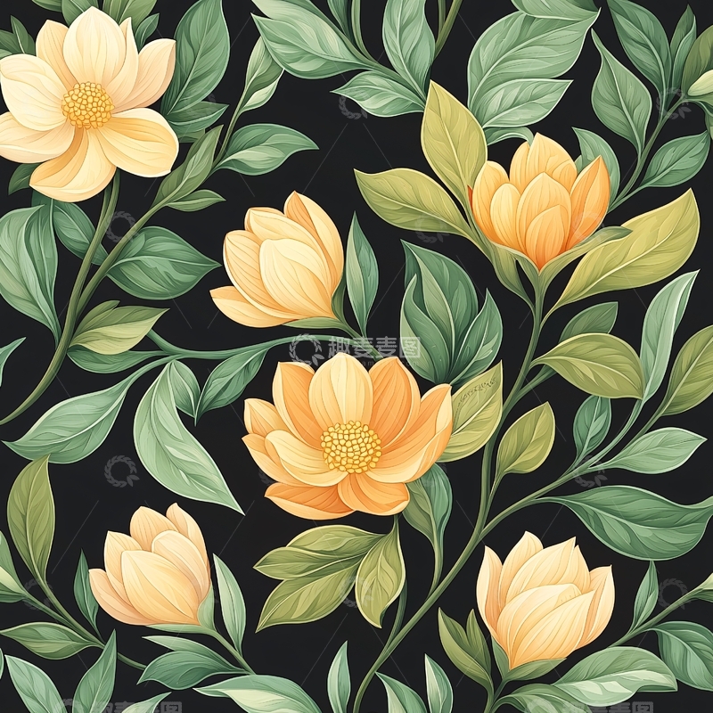 高清大图下载【趣麦麦图】橙色花朵与绿叶背景图案