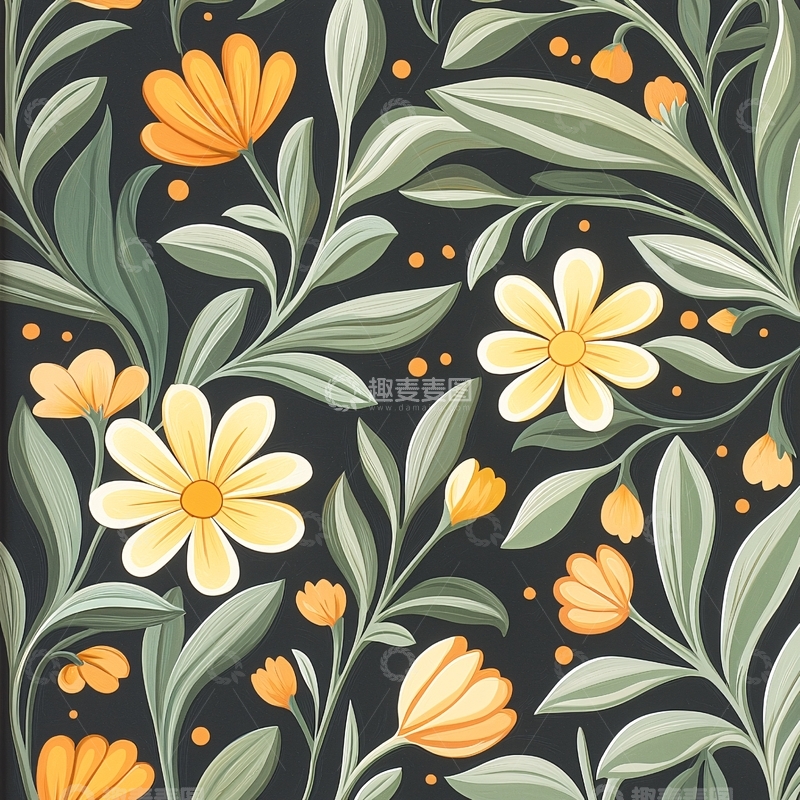 高清大图下载【趣麦麦图】橙色花朵与绿色叶子图案背景