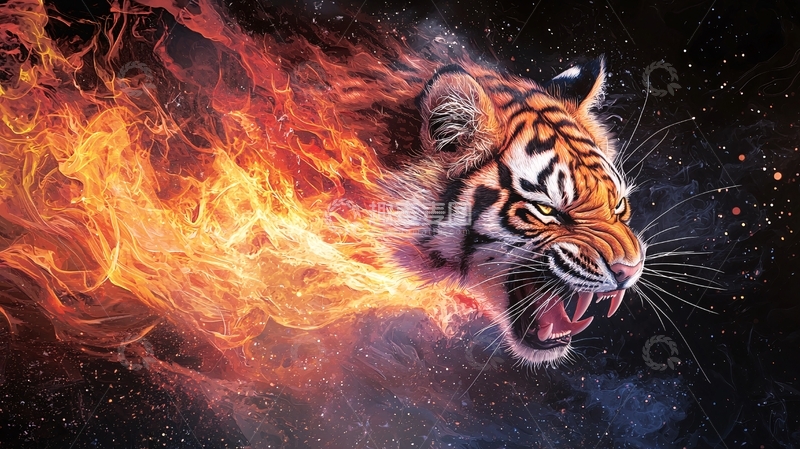 高清大图下载【趣麦麦图】火焰燃烧的老虎特写