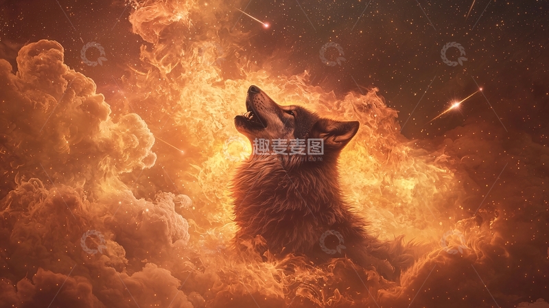 高清大图下载【趣麦麦图】燃烧云层中的狼嚎