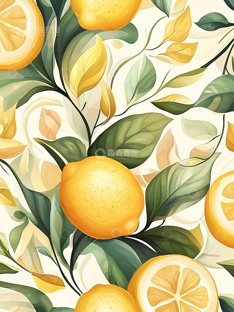 高清大图下载【趣麦麦图】柠檬与叶子图案背景