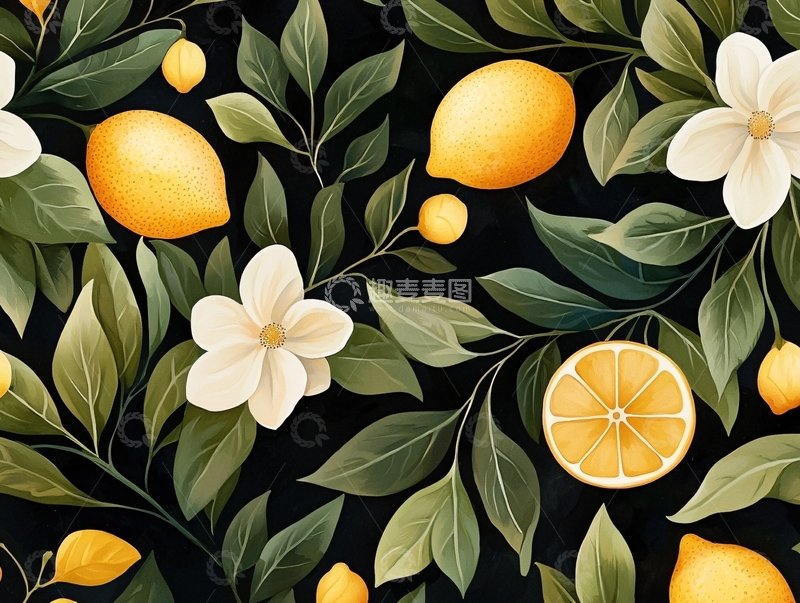 高清大图下载【趣麦麦图】柠檬与花朵的艺术插画