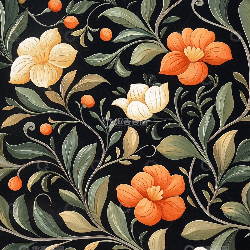高清大图下载【趣麦麦图】橙色花朵与绿色叶子的艺术图案