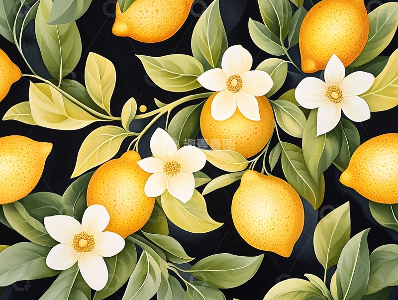 高清大图下载【趣麦麦图】柠檬与花朵的自然图案