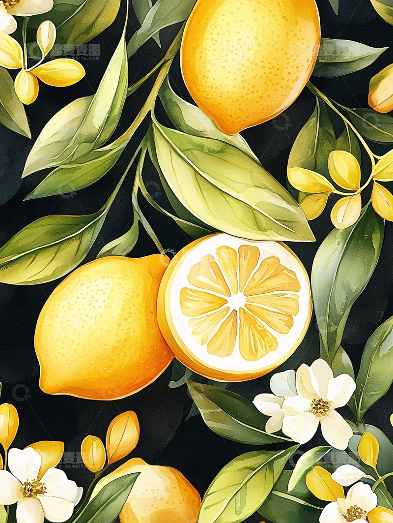 高清大图下载【趣麦麦图】柠檬与花朵的艺术插画
