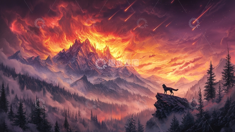 高清大图下载【趣麦麦图】燃烧天空下的狼