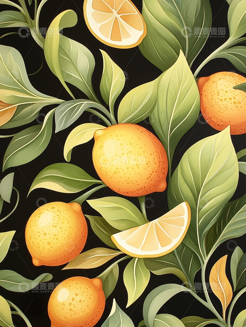 柠檬与叶子的复古图案背景