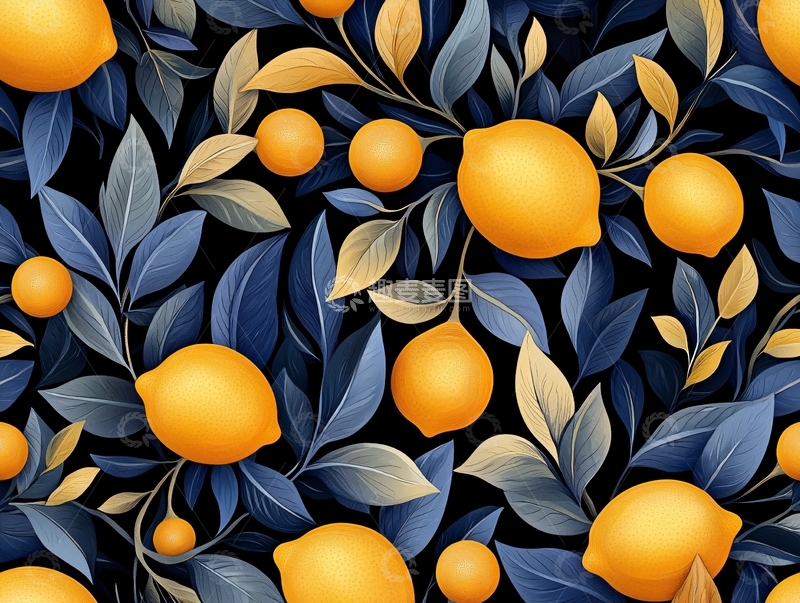 高清大图下载【趣麦麦图】柠檬与叶子的无缝图案背景