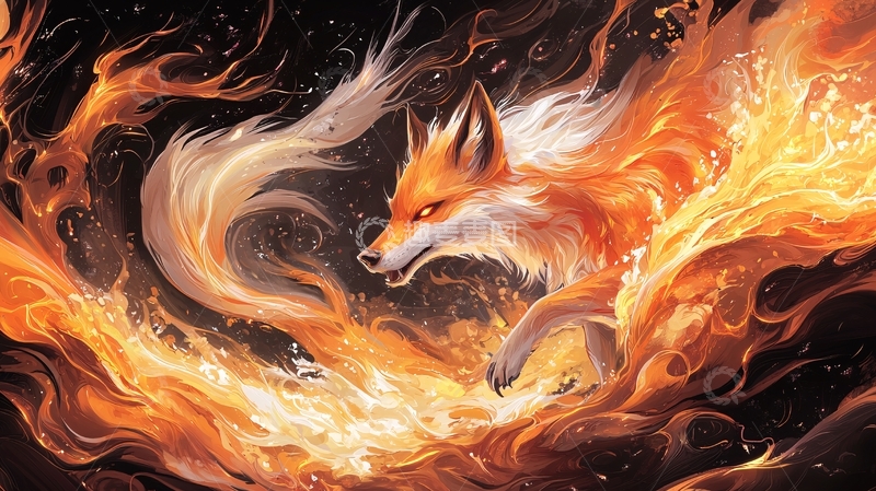 高清大图下载【趣麦麦图】火焰缠绕的狐狸