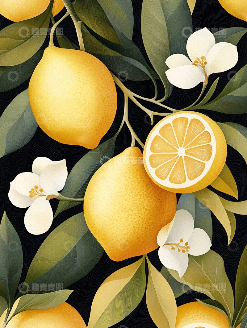 高清大图下载【趣麦麦图】柠檬与花朵的艺术插画