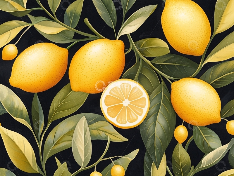 高清大图下载【趣麦麦图】柠檬与叶子的艺术插画