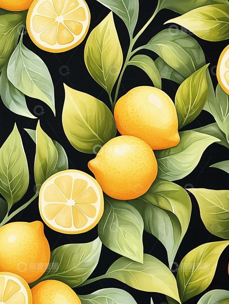 高清大图下载【趣麦麦图】柠檬与叶子图案背景
