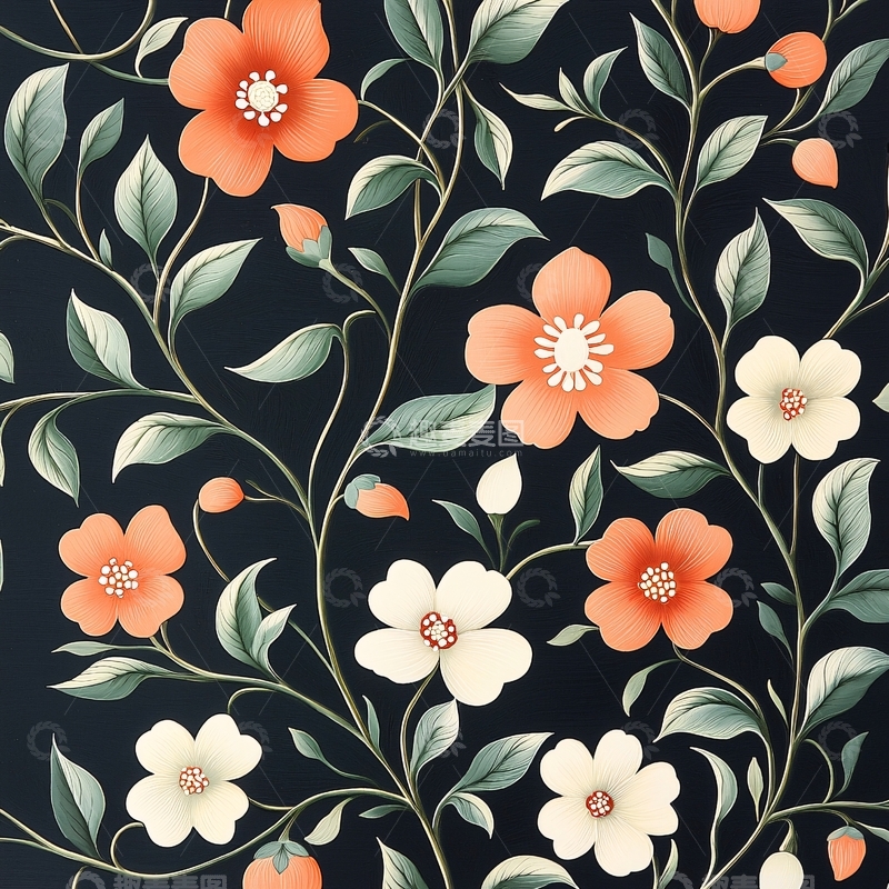 高清大图下载【趣麦麦图】橙白花卉图案背景素材