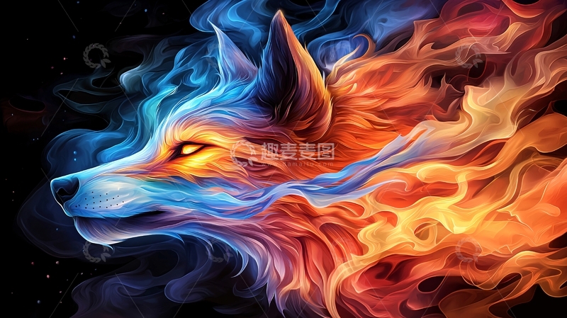 高清大图下载【趣麦麦图】火焰冰霜交织的狼