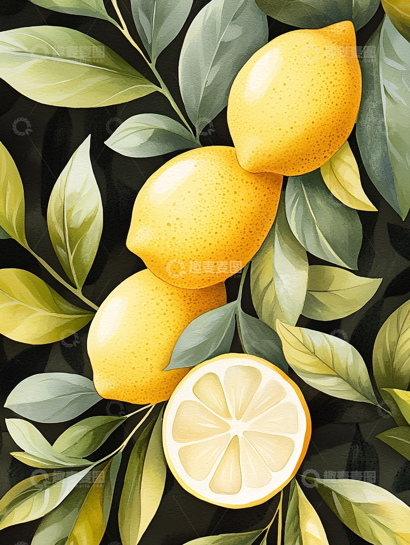 高清大图下载【趣麦麦图】柠檬与绿叶的艺术插画