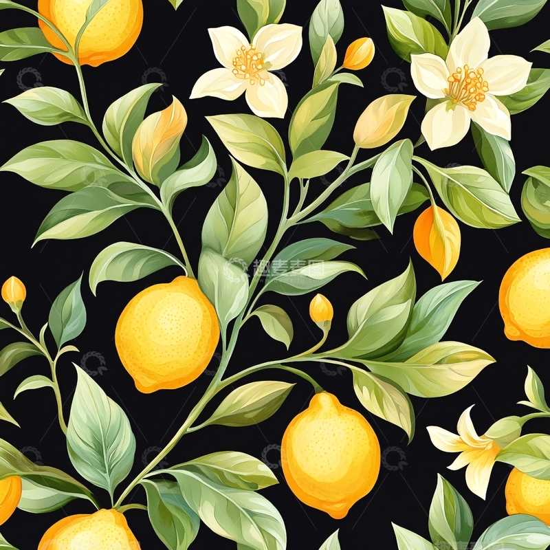 高清大图下载【趣麦麦图】柠檬树花卉图案背景素材