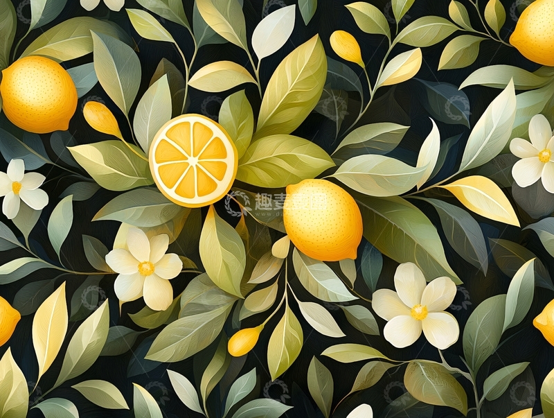 高清大图下载【趣麦麦图】柠檬与花朵的自然图案