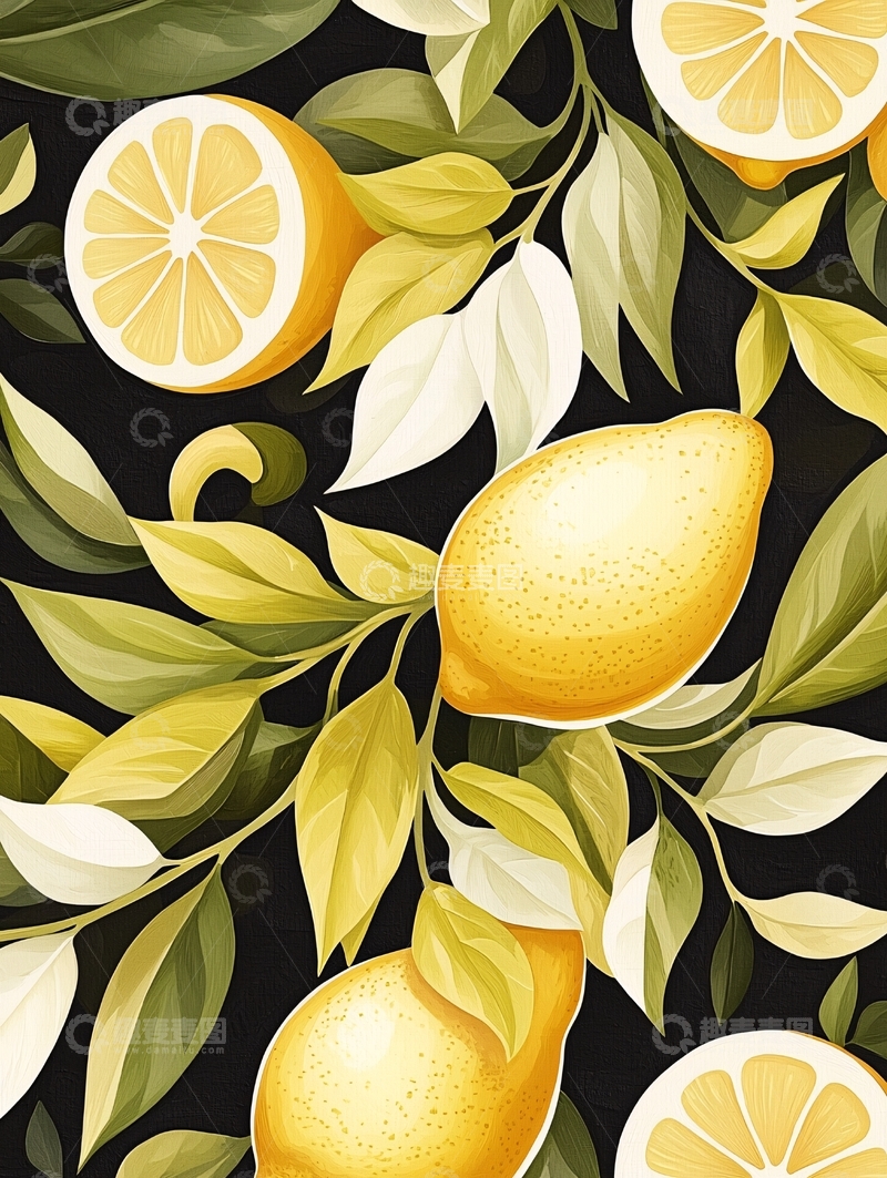 高清大图下载【趣麦麦图】柠檬与叶子的艺术插画背景
