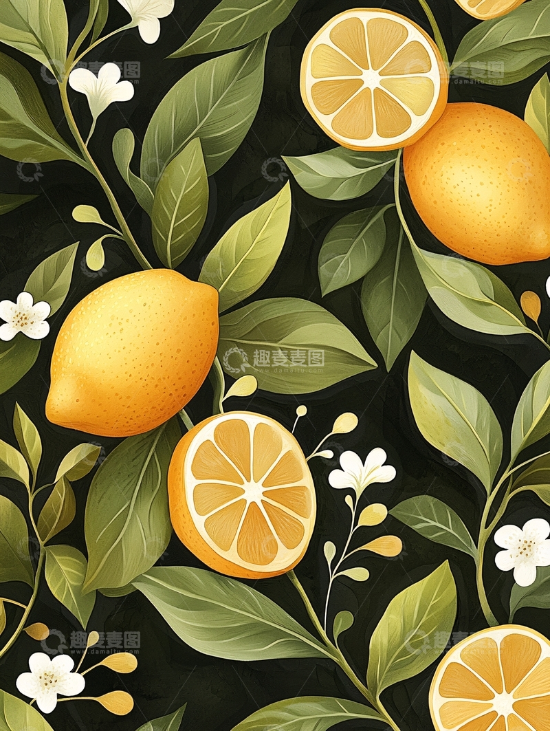 高清大图下载【趣麦麦图】柠檬与绿叶的插画背景