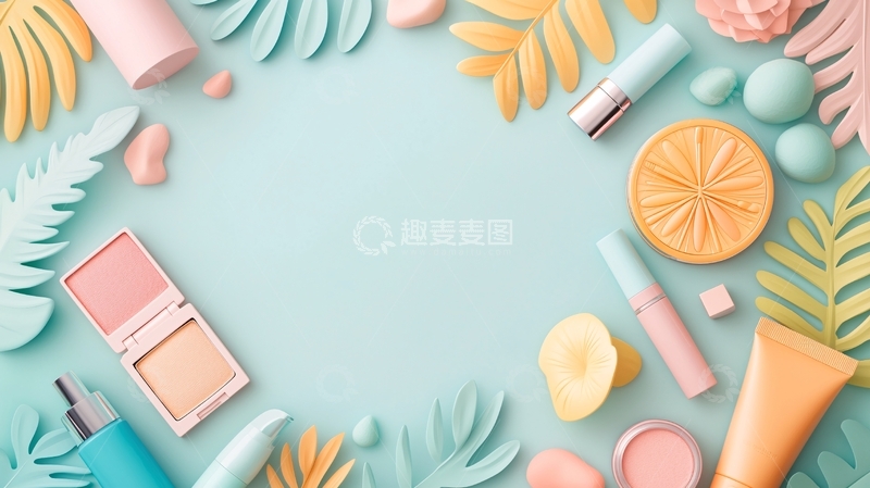 高清大图下载【趣麦麦图】淡色系化妆品和植物背景