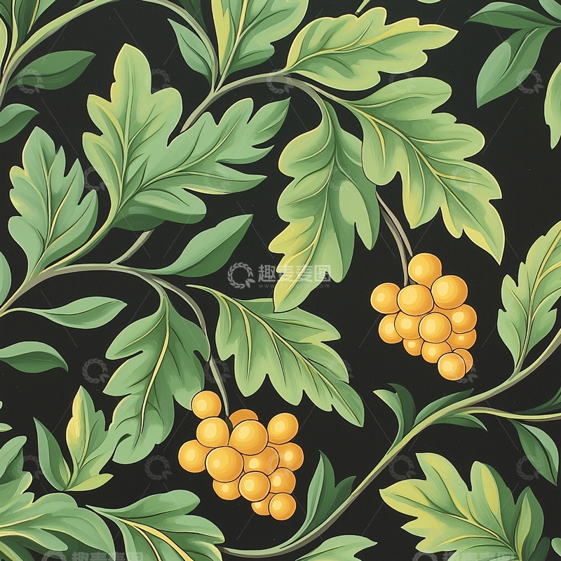 高清大图下载【趣麦麦图】绿色植物与黄色果实图案背景