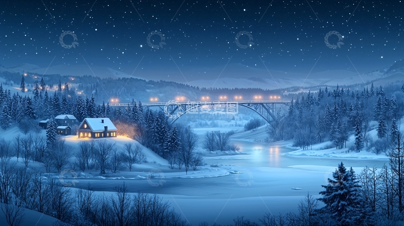 高清大图下载【趣麦麦图】冬夜星空下的雪景小屋