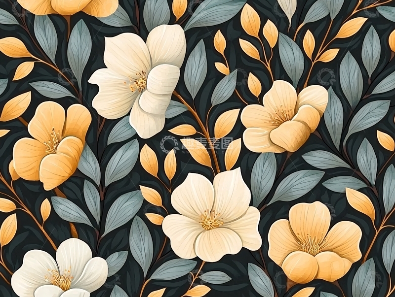 高清大图下载【趣麦麦图】金色花朵与深色背景的艺术图案
