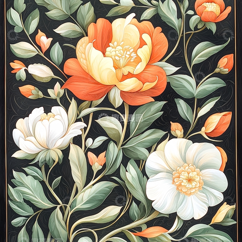 高清大图下载【趣麦麦图】橙白花卉植物背景图案