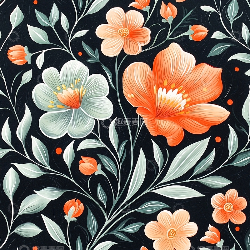 高清大图下载【趣麦麦图】橙白花卉图案背景素材