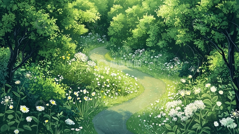 高清大图下载【趣麦麦图】森林小径与白色野花