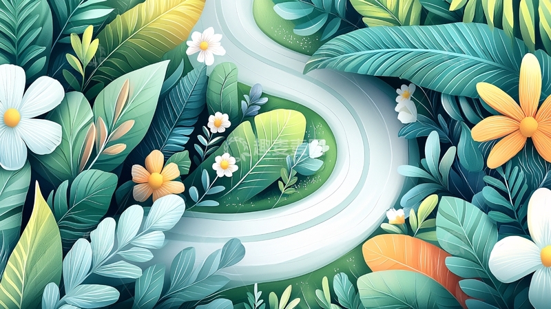 高清大图下载【趣麦麦图】绿叶繁花小径