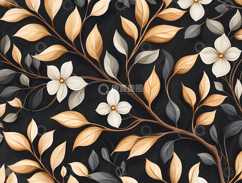 高清大图下载【趣麦麦图】秋日花卉树枝背景图案