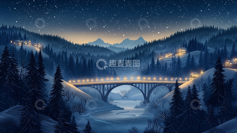 高清大图下载【趣麦麦图】夜幕下的雪山桥梁