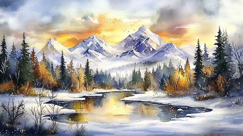 高清大图下载【趣麦麦图】冬日雪山森林风景画