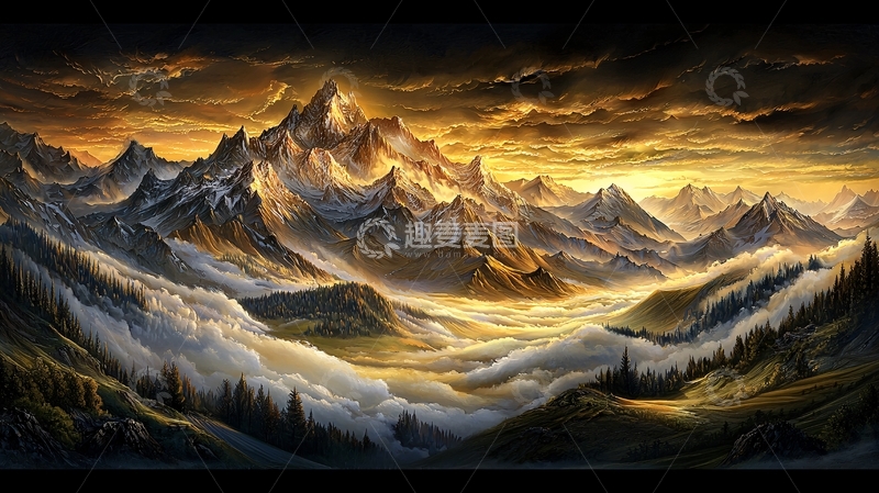 高清大图下载【趣麦麦图】金色山峦与云海的壮丽景色