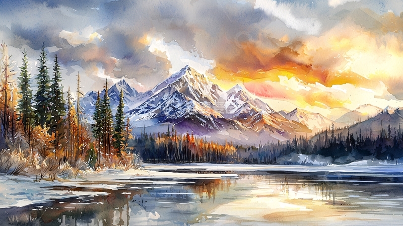 高清大图下载【趣麦麦图】雪山湖畔秋色图