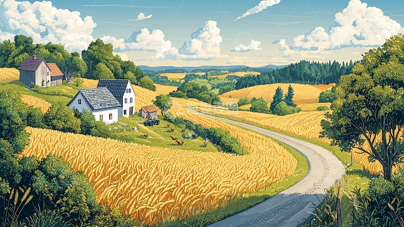 高清大图下载【趣麦麦图】金黄麦田的乡村风光