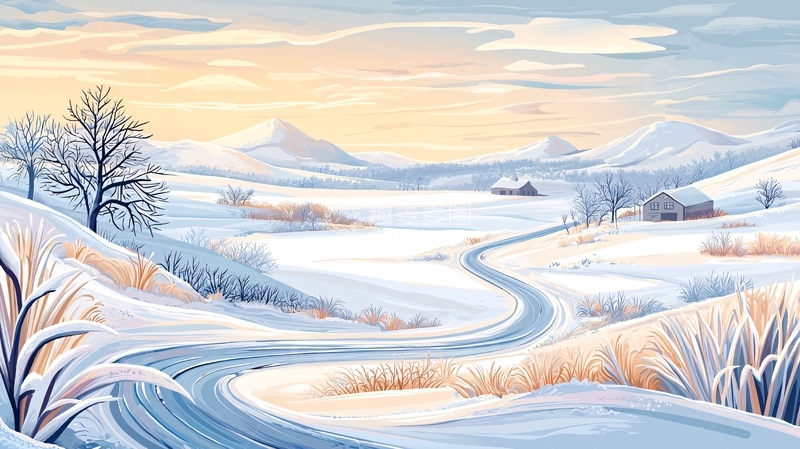 高清大图下载【趣麦麦图】冬日雪景道路与远山