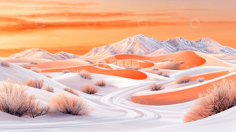 高清大图下载【趣麦麦图】橙色天空下的雪地沙丘