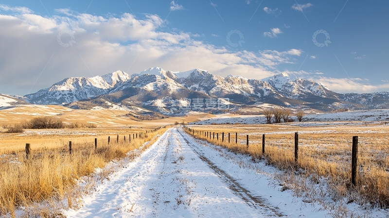 高清大图下载【趣麦麦图】雪地山景乡村小路