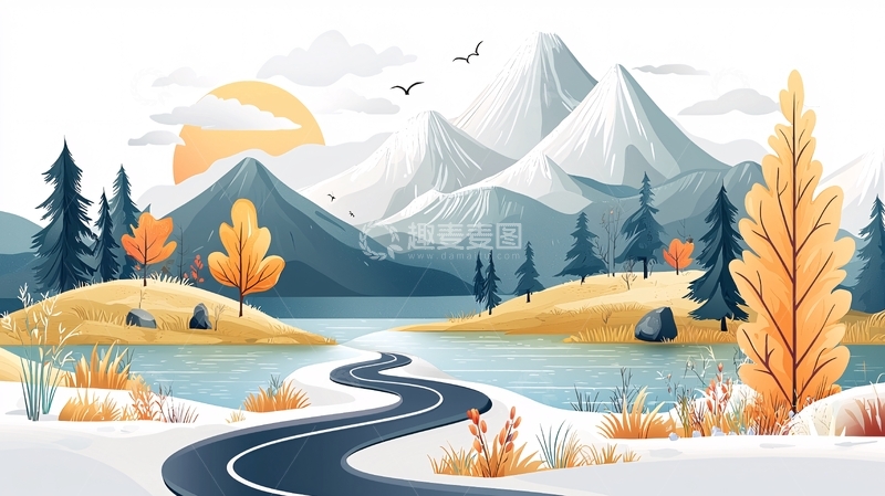 高清大图下载【趣麦麦图】水彩山景道路插画