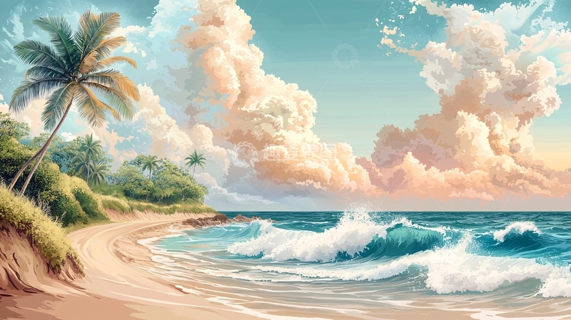 高清大图下载【趣麦麦图】海滩椰树与梦幻云彩