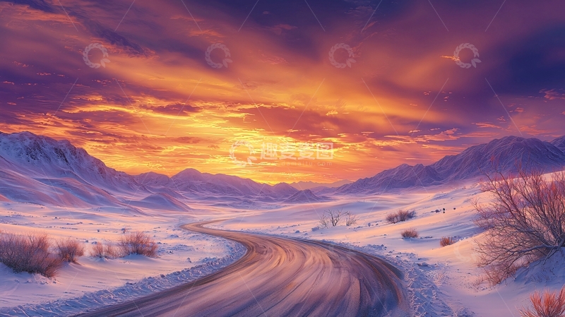 高清大图下载【趣麦麦图】冬日山路晚霞美景