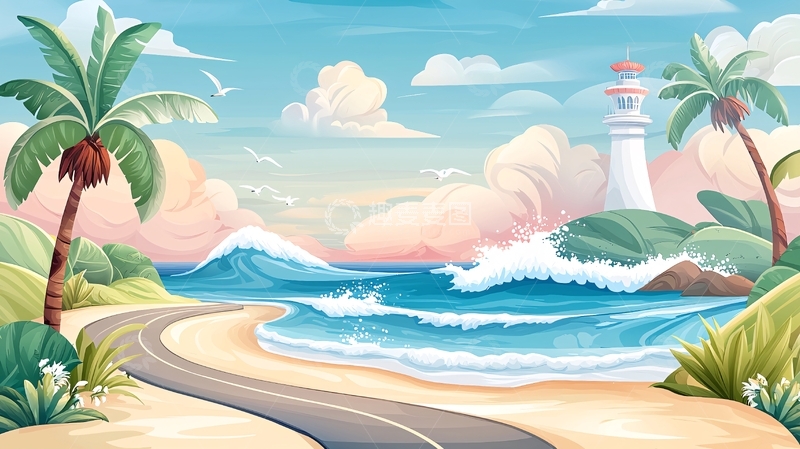 高清大图下载【趣麦麦图】海边小路灯塔风景