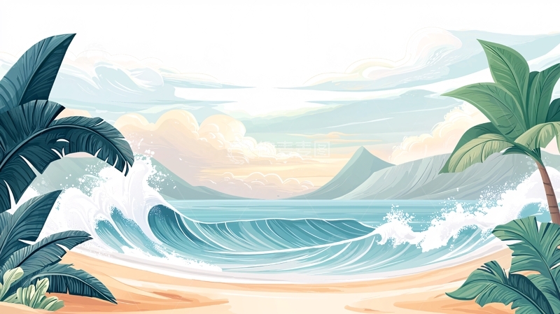 高清大图下载【趣麦麦图】海边椰树阳光沙滩的绘画