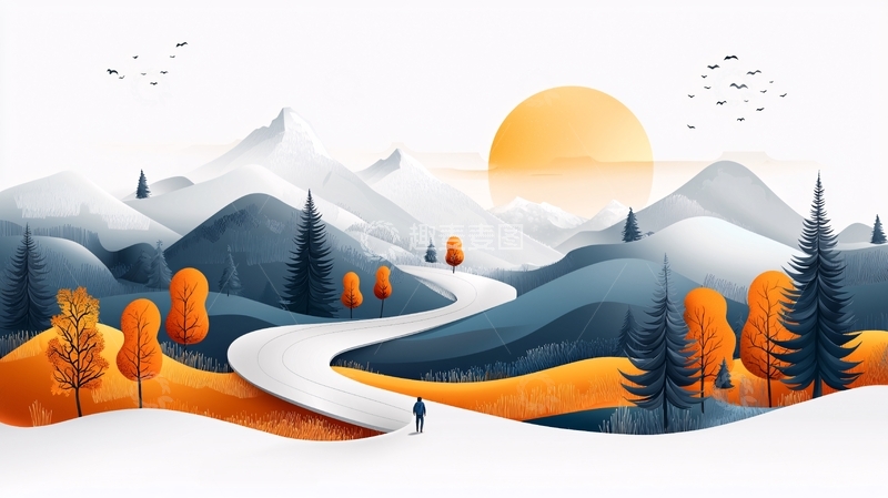 高清大图下载【趣麦麦图】群山河流日出下的风景