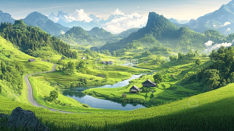 高清大图下载【趣麦麦图】翠绿山谷中的宁静小屋