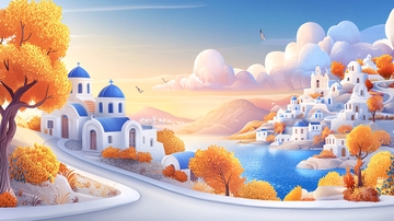 卡通风格的希腊小镇